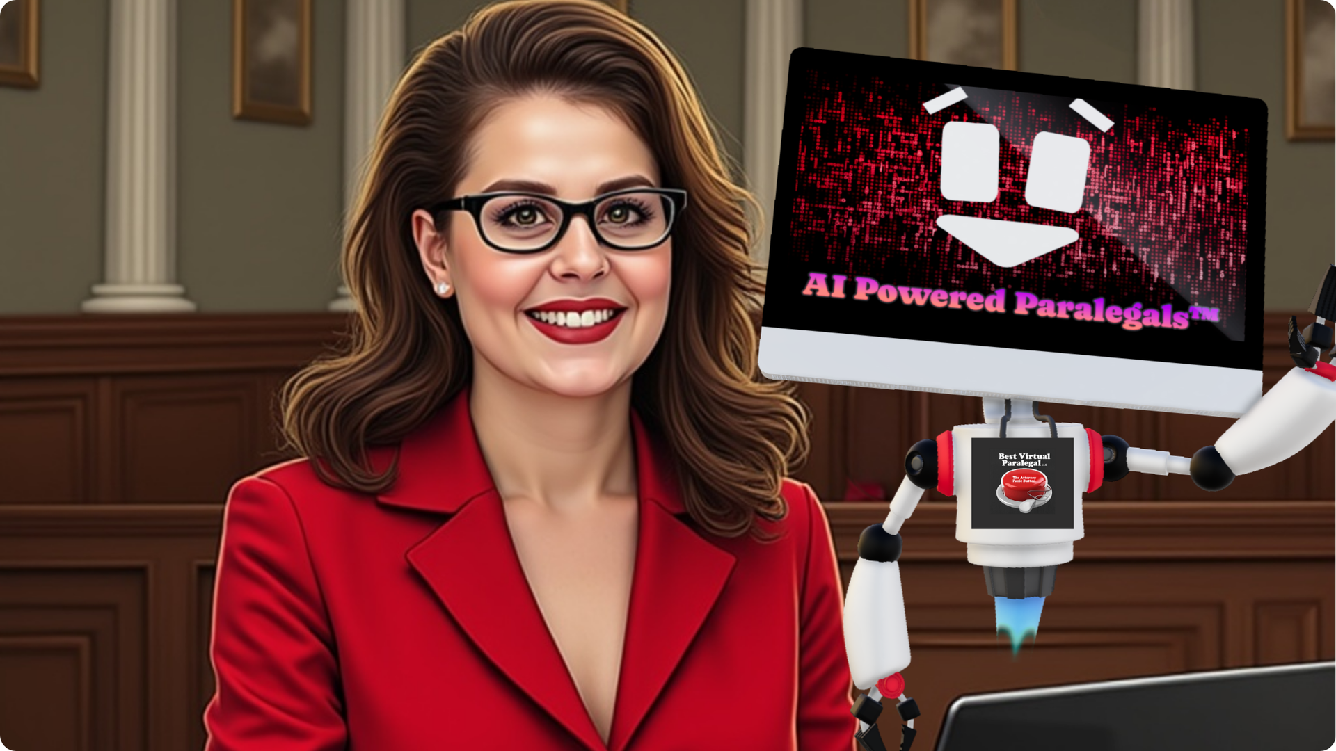 Best Virtual Paralegal Portrait of younger picture of the founder and an AI Bot