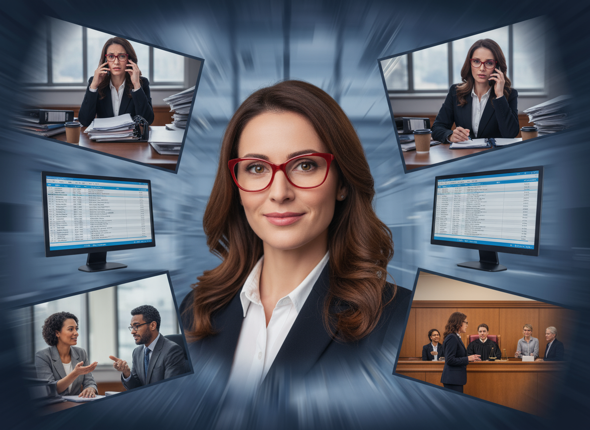 An image generated by using Adobe firefly Lawyer thinking about all the different ways she can use the support of a paralegal.