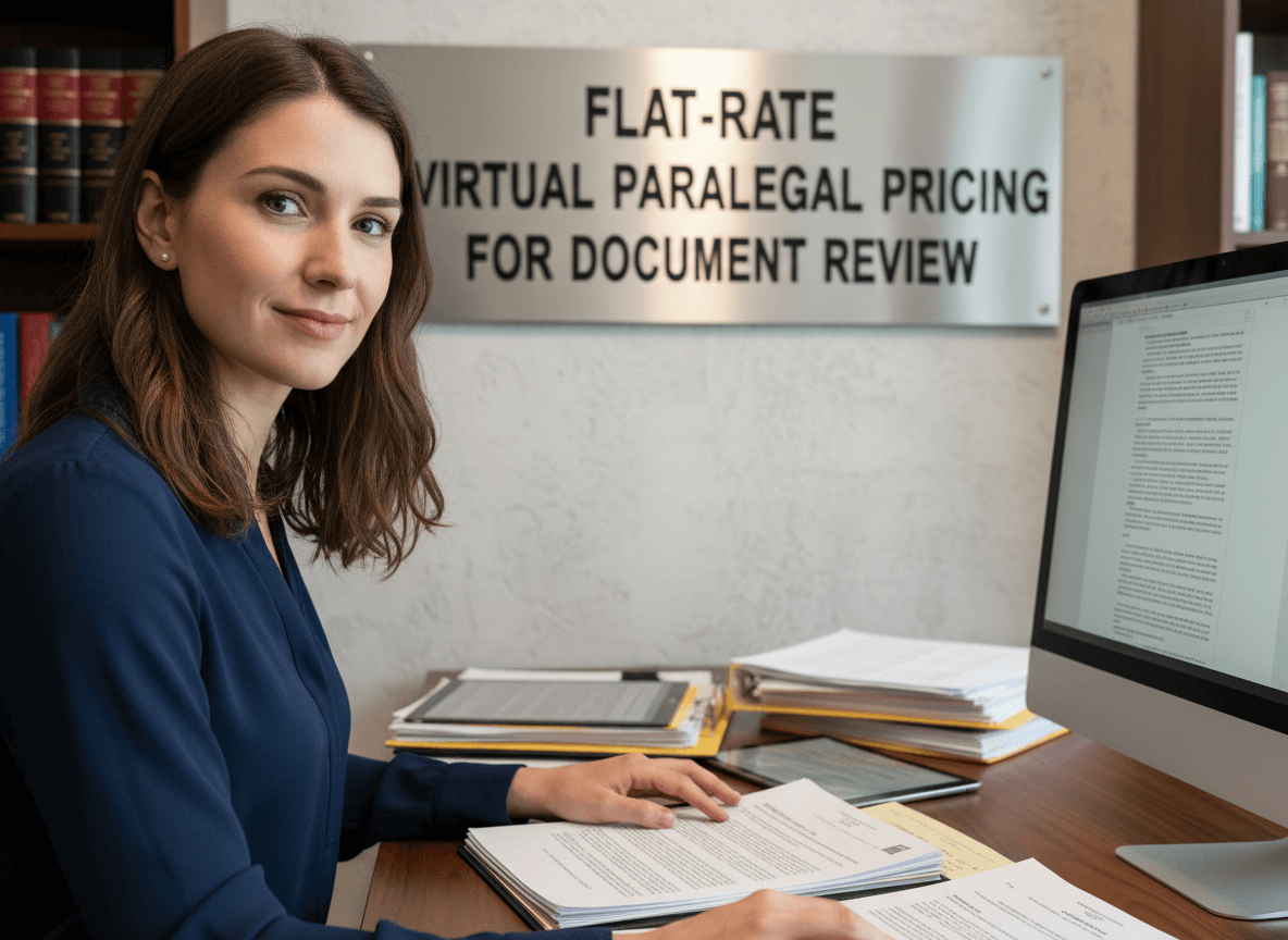 A paralegal sitting at her desk at Best Virtual Paralegal LLC conducting a flat rate review.