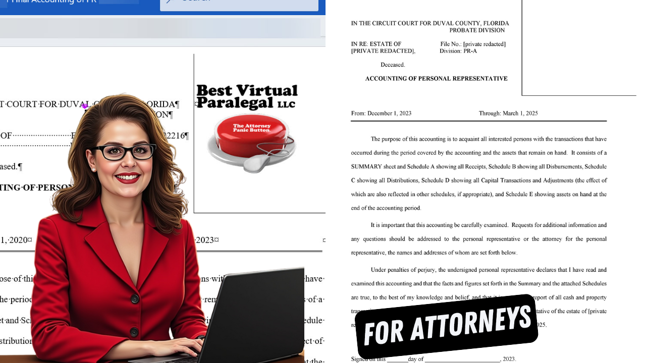 Samples of Final Accounting Documents with a paralegal in front.