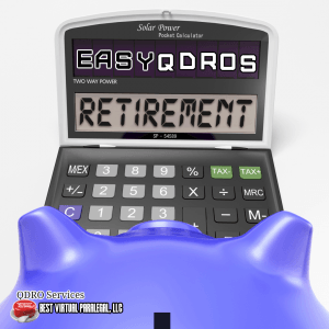 piggy bank looking at calculator that says retirement