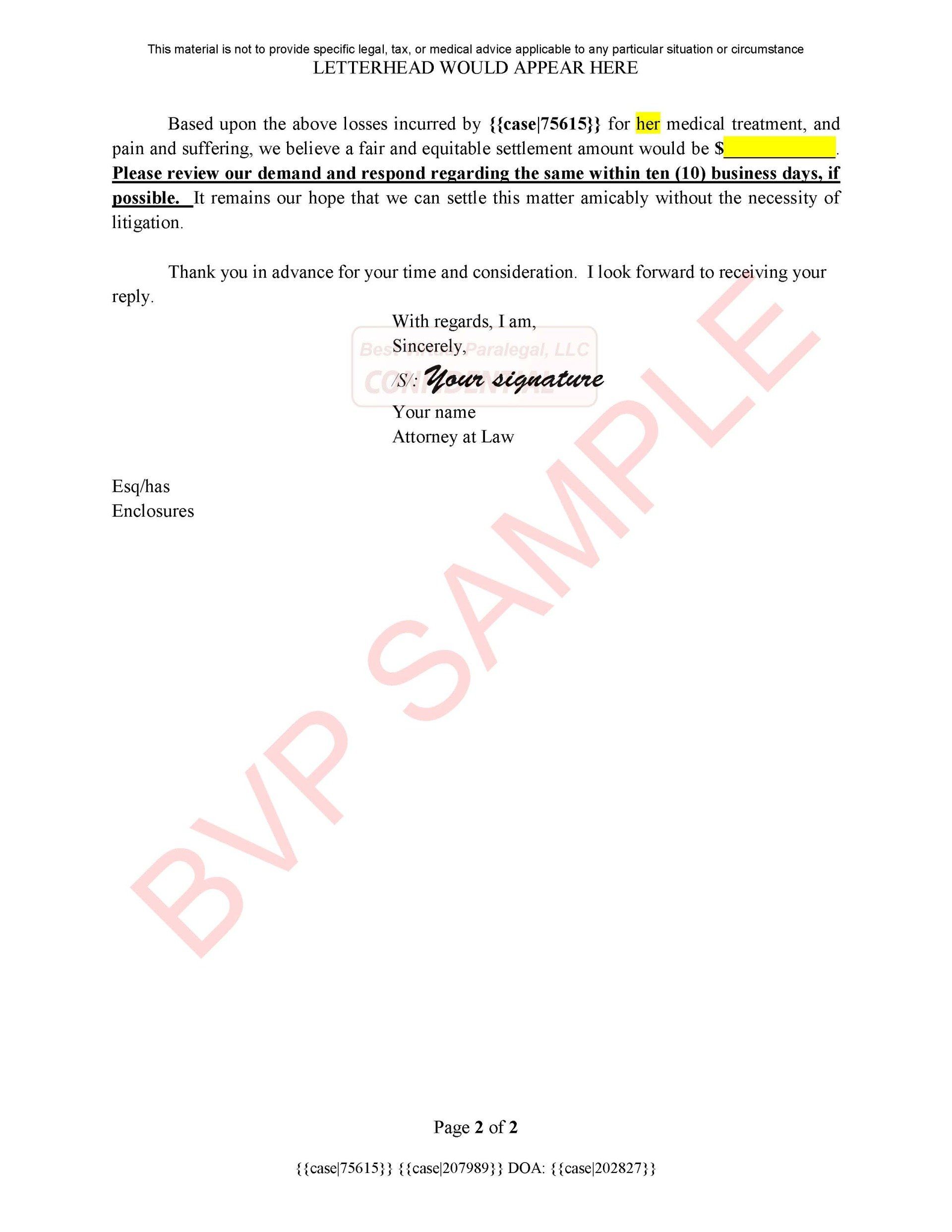 A sample of a letter with the words bvp sample on it.