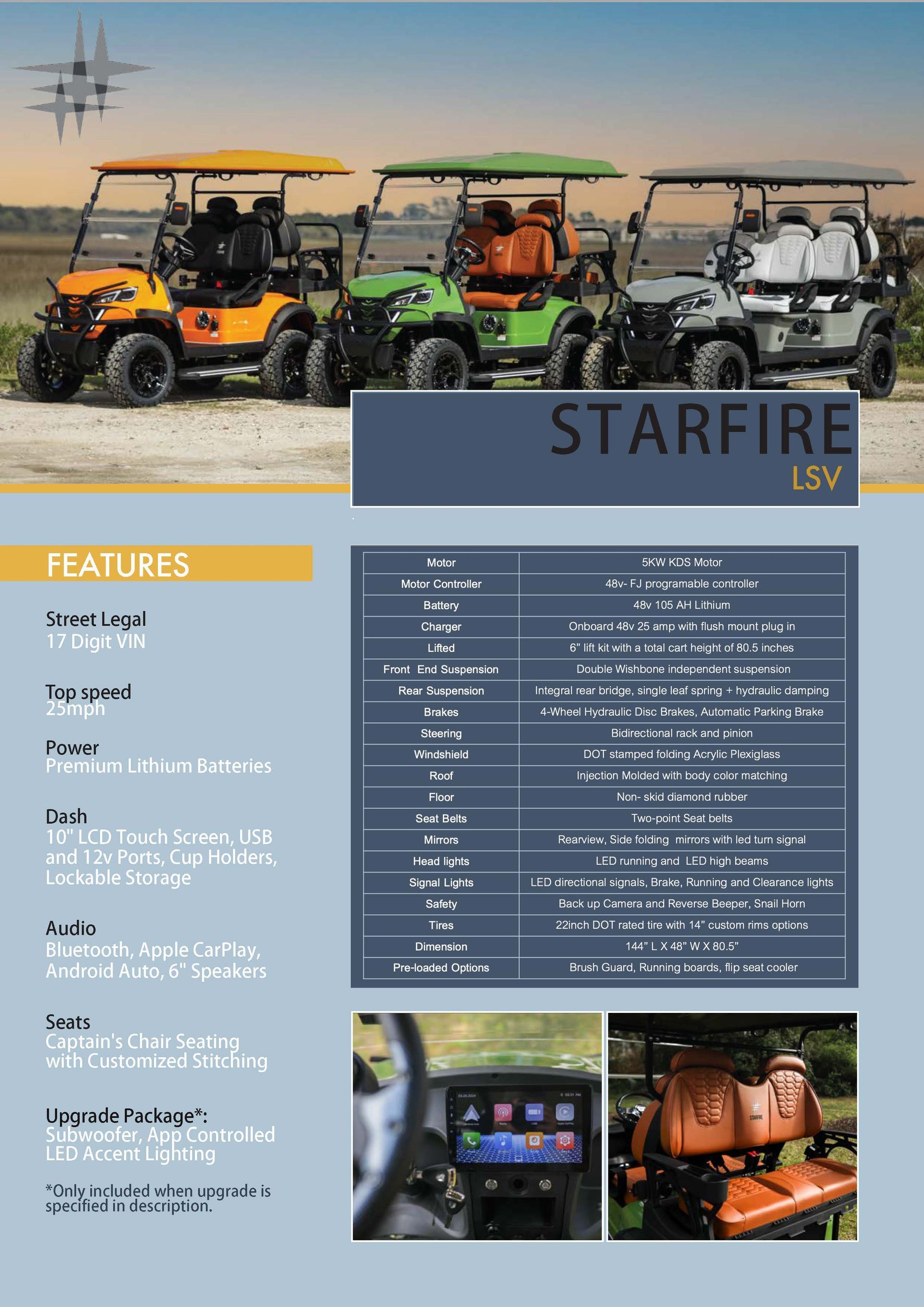 An advertisement showcasing three Starfire LSV vehicles in orange, green, and gray, featuring features and specifications.