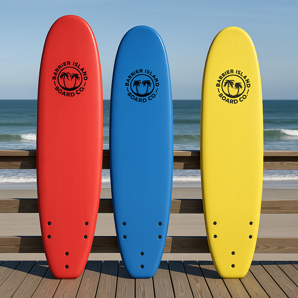 Three brightly colored surfboards (red, blue, yellow) with a logo, are standing on a wooden dock.
