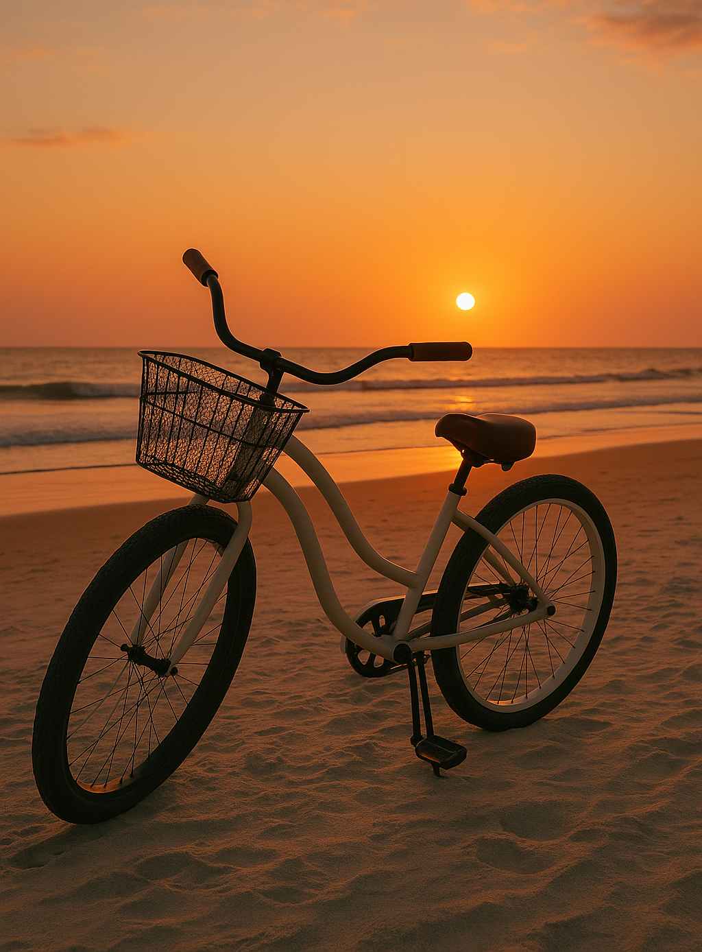 Beach cruiser bicycle parked on a sandy beach at sunset. The orange sun hangs low over the ocean horizon.