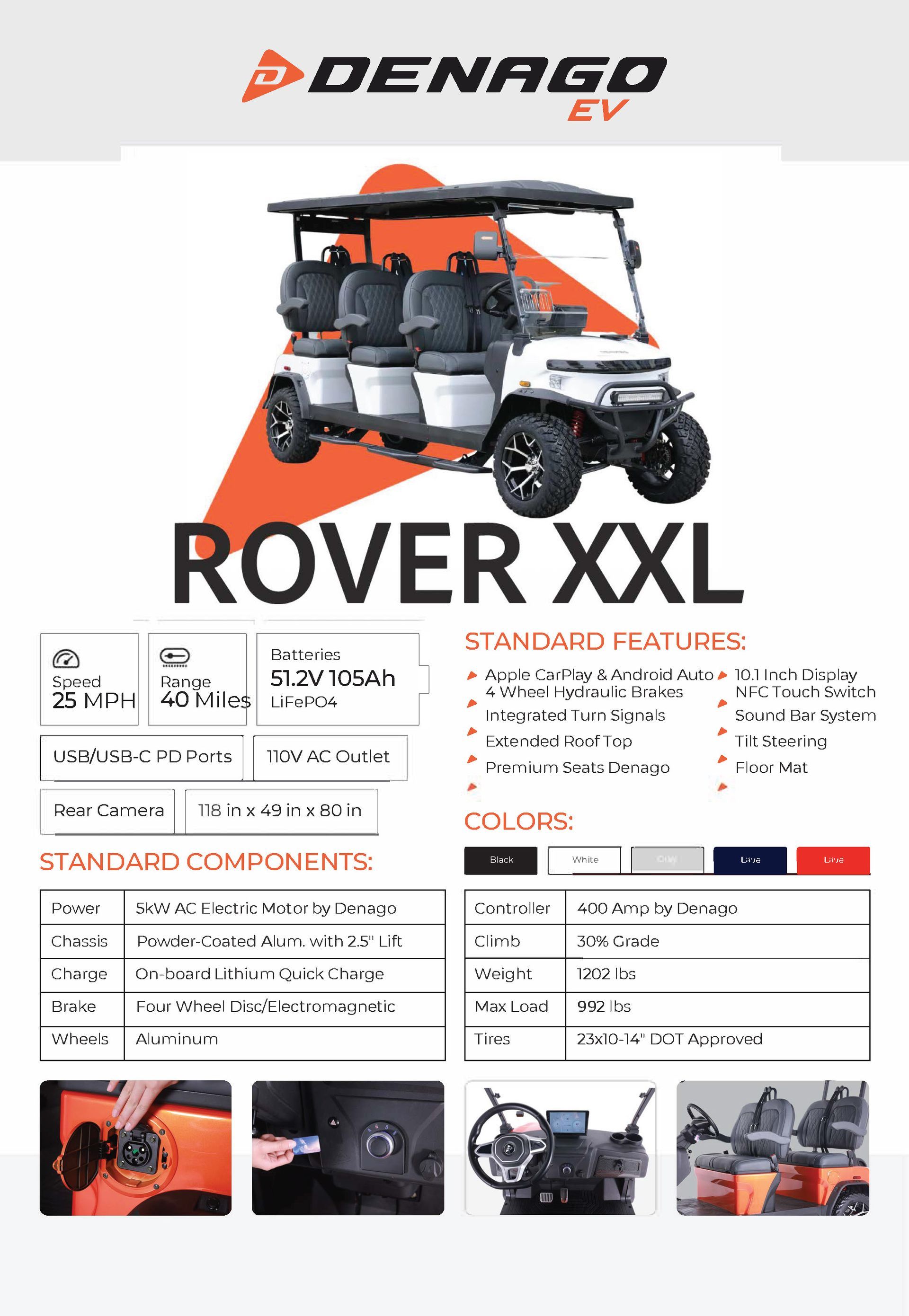 Denago EV Rover XXL golf cart with standard features listed. Available colors include black, white, blue, and red.