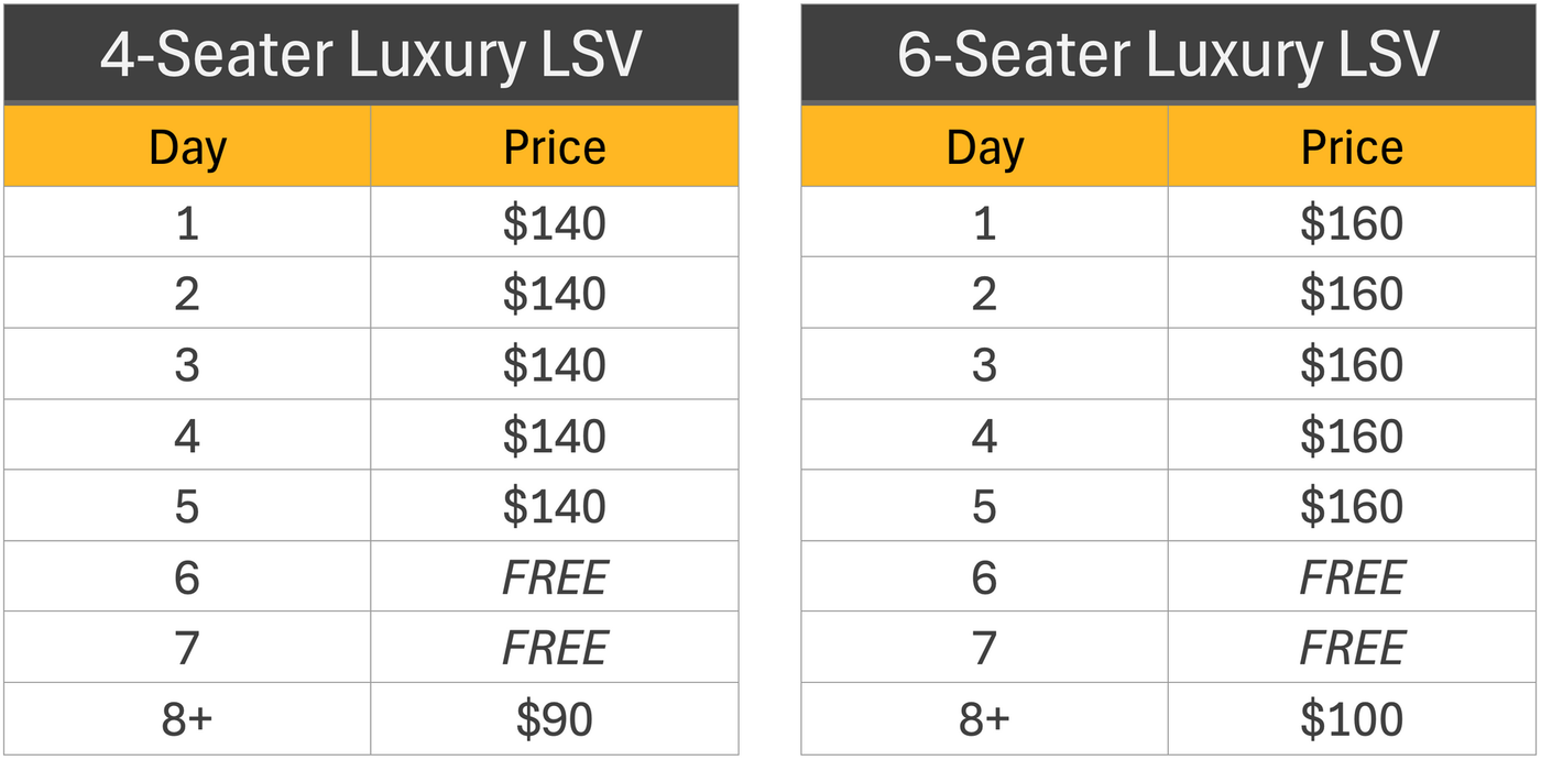 Pricing table for 4- and 6-seater luxury LSVs, showing daily rental prices, with free rentals for days 6 and 7.