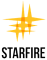Logo for Starfire with overlapping, orange starburst shapes and the word 