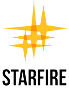 Logo for Starfire with overlapping, orange starburst shapes and the word 