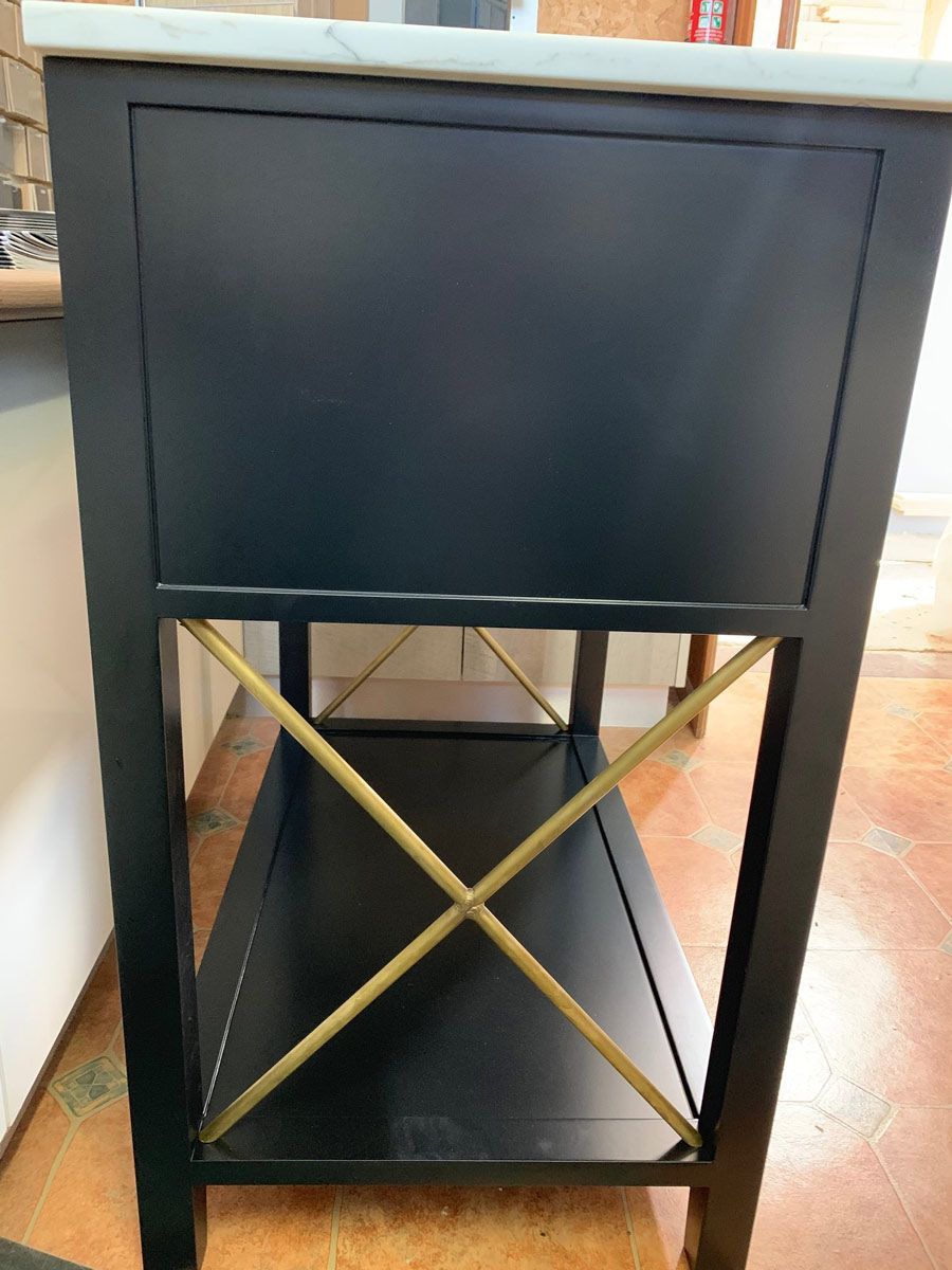 A Black and Gold Vanity With a Marble Top and a Shelf Underneath It — Coastal Detail Joinery in Harrington, NSW