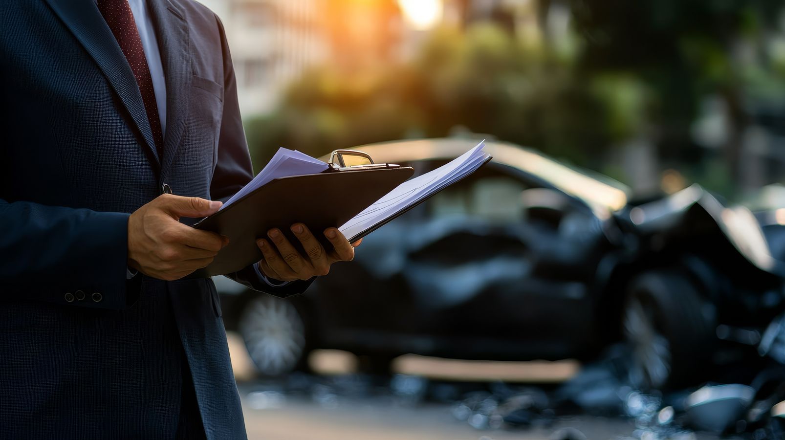 A man in a suit and tie is holding a clipboard in front of a car accident.