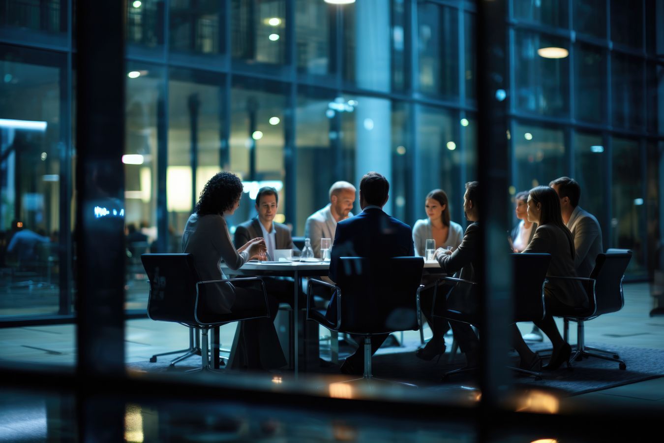 A group of people are sitting around a table having a meeting at night.