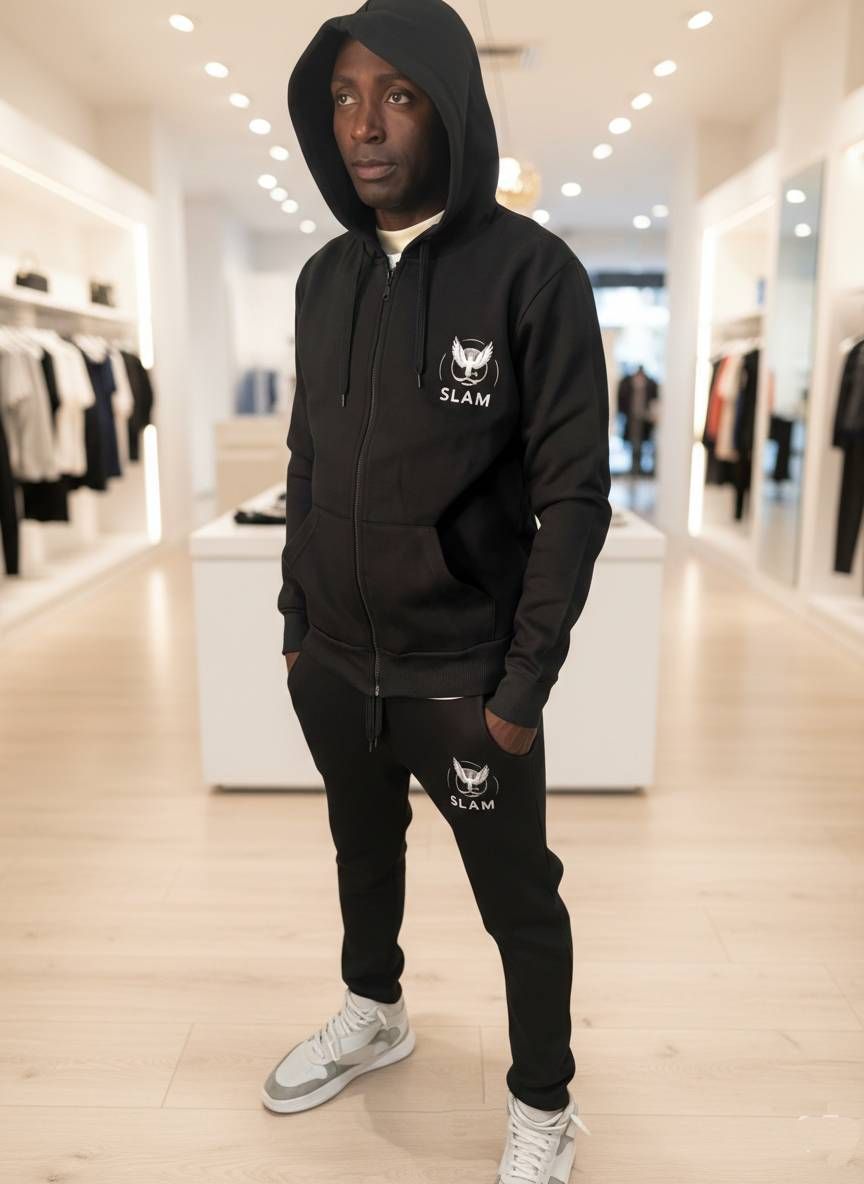 Persona que viste una sudadera con capucha negra y pantalones deportivos con un logotipo, en una tienda de ropa.