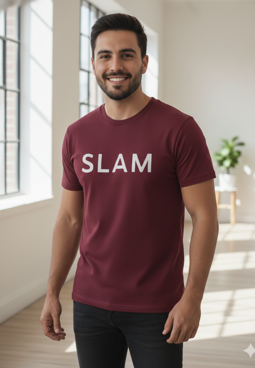 Un hombre con una camiseta marrón que dice 