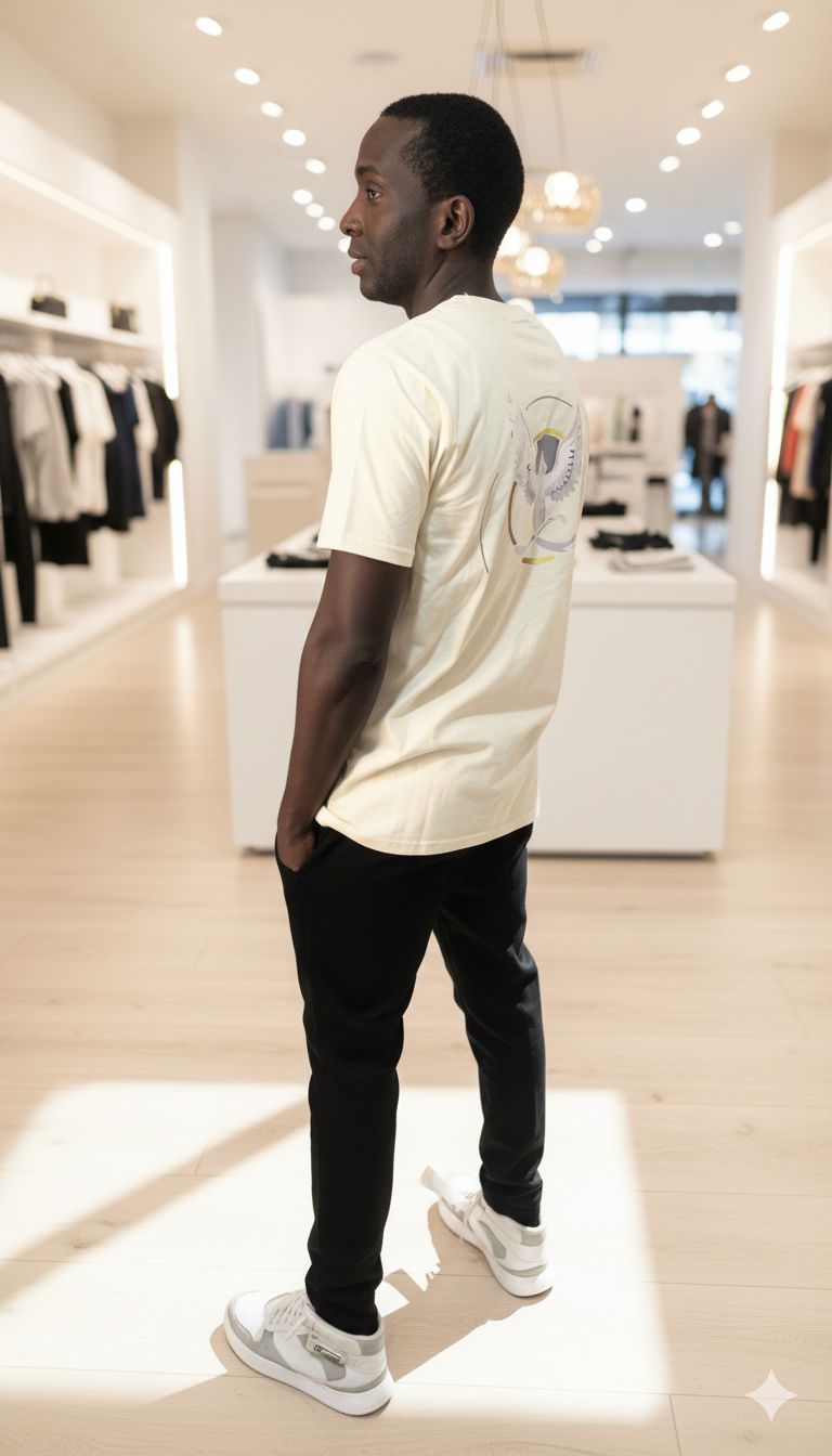 Persona que lleva una camiseta amarilla y pantalones negros en una tienda de ropa, mirando por encima del hombro.