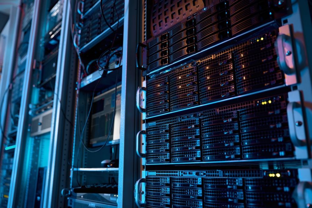 A row of servers in a server room in a data center.