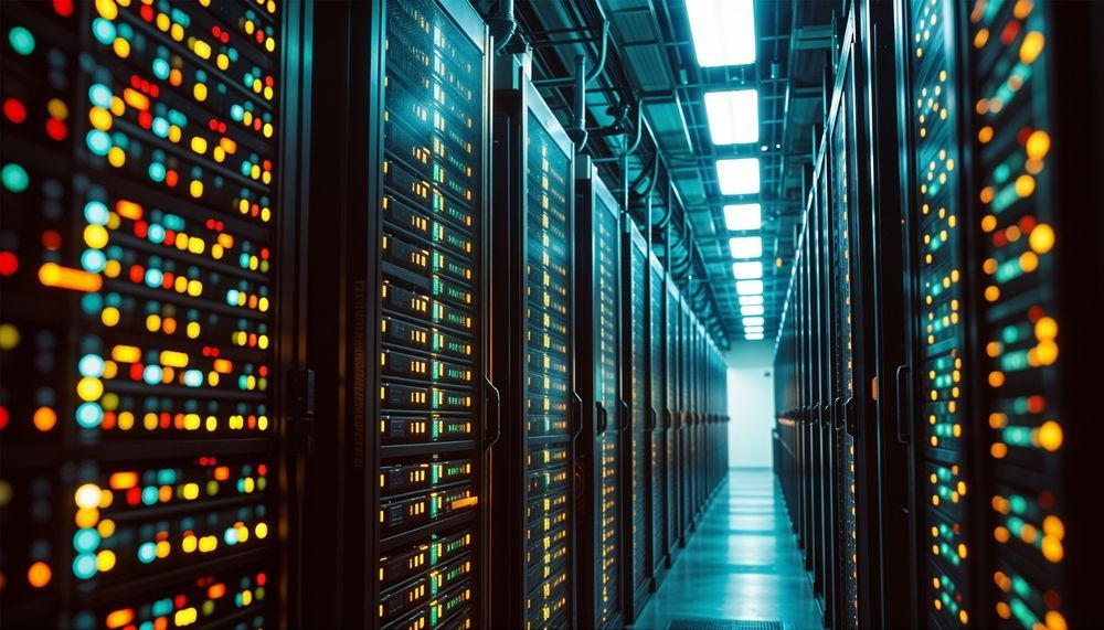 A hallway filled with rows of servers in a data center.