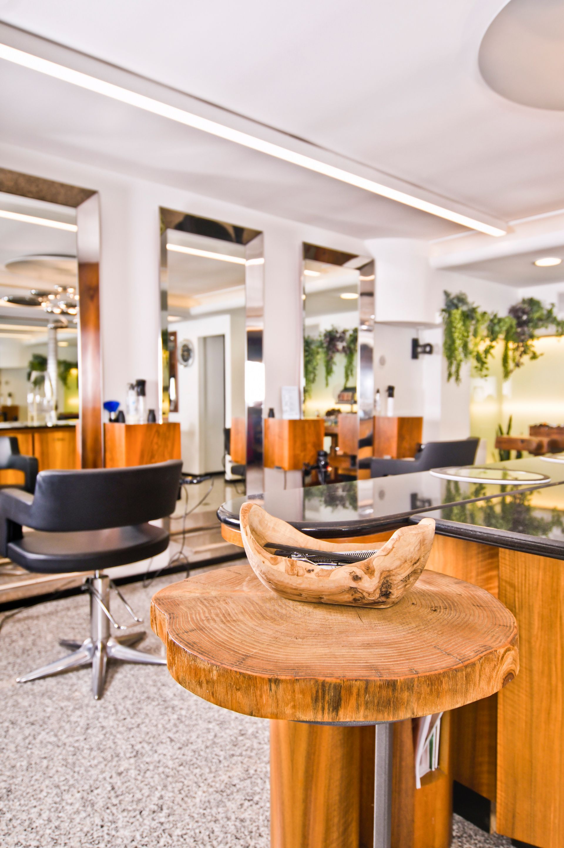 Interno di un salone da parrucchiere con specchi, poltrone da parrucchiere, tavolo in legno e decorazioni vegetali.