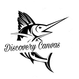 A black and white logo for discovery canvas with a sailfish