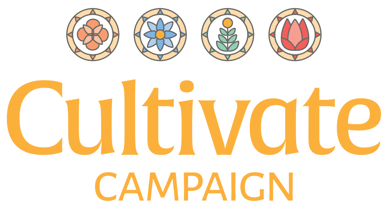 Orange logo that says Cultivate Campaign with four flower icons above.