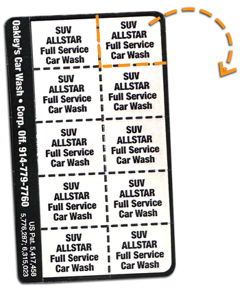 Back of Oakley's all star full service car wash prepaid book