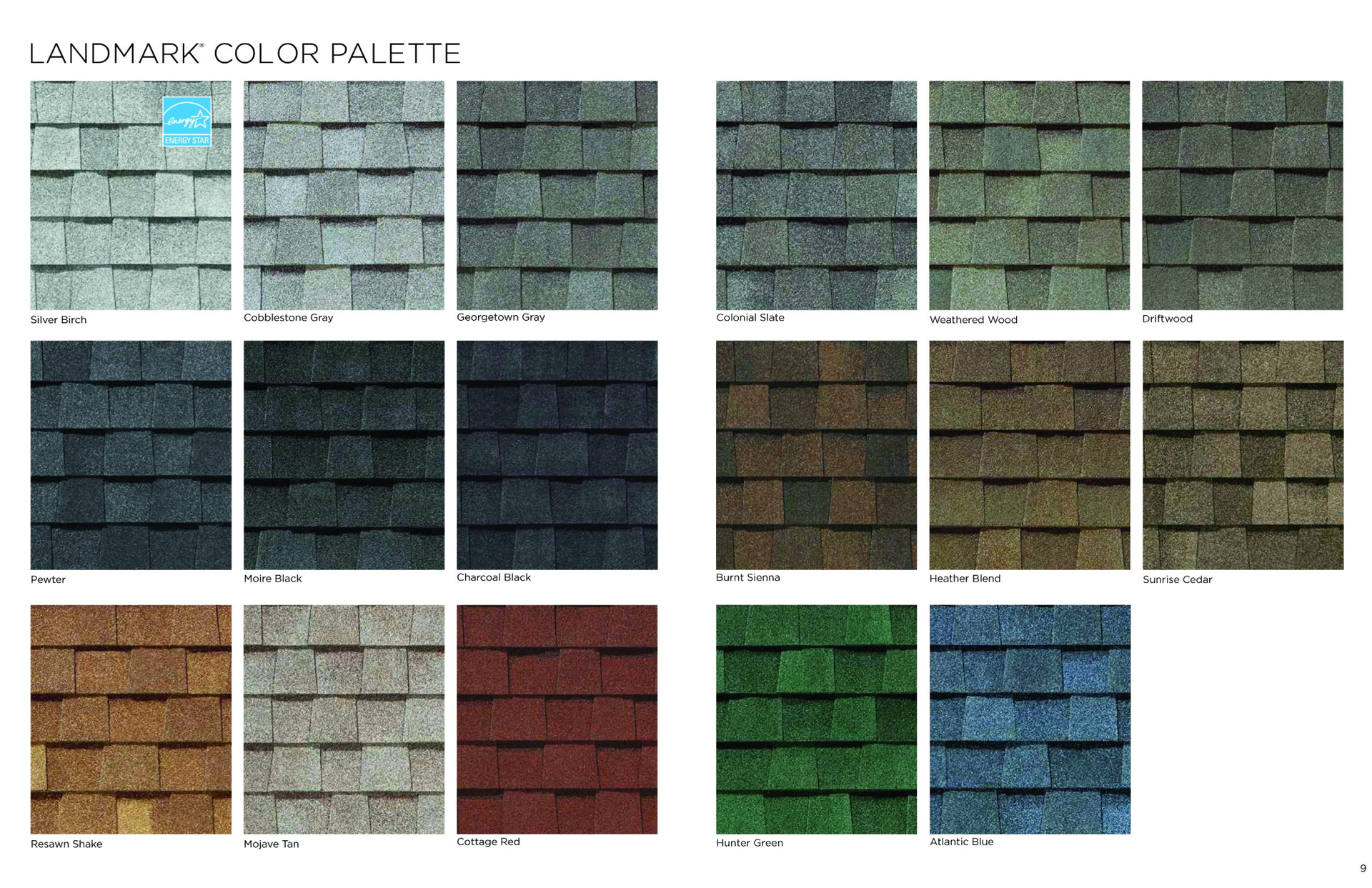 a brochure for landmark color palette shows different shades of shingles