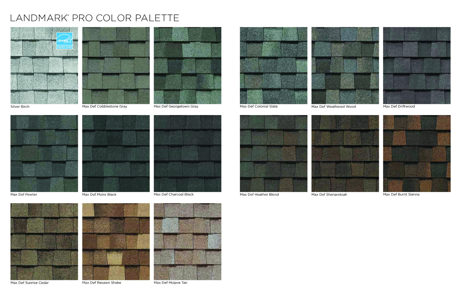 a landmark pro color palette shows different shades of shingles
