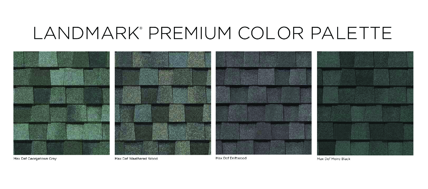 four different shades of green shingles are shown under the words landmark premium color palette