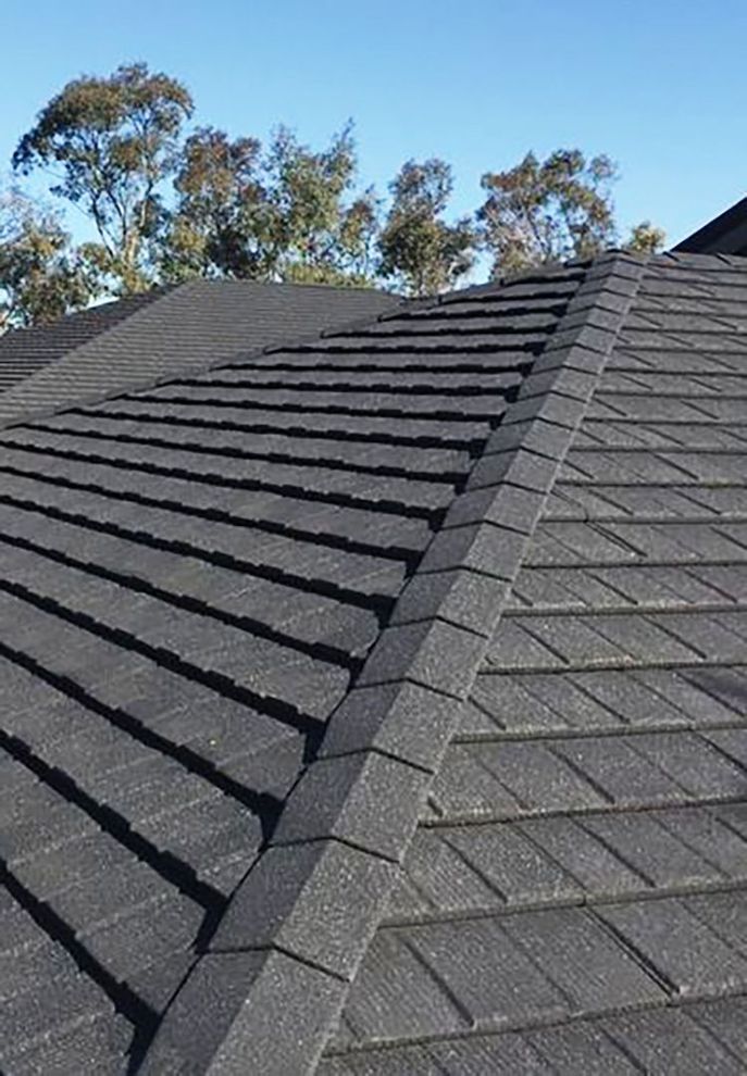 a close up of a black tiled roof with trees in the background .