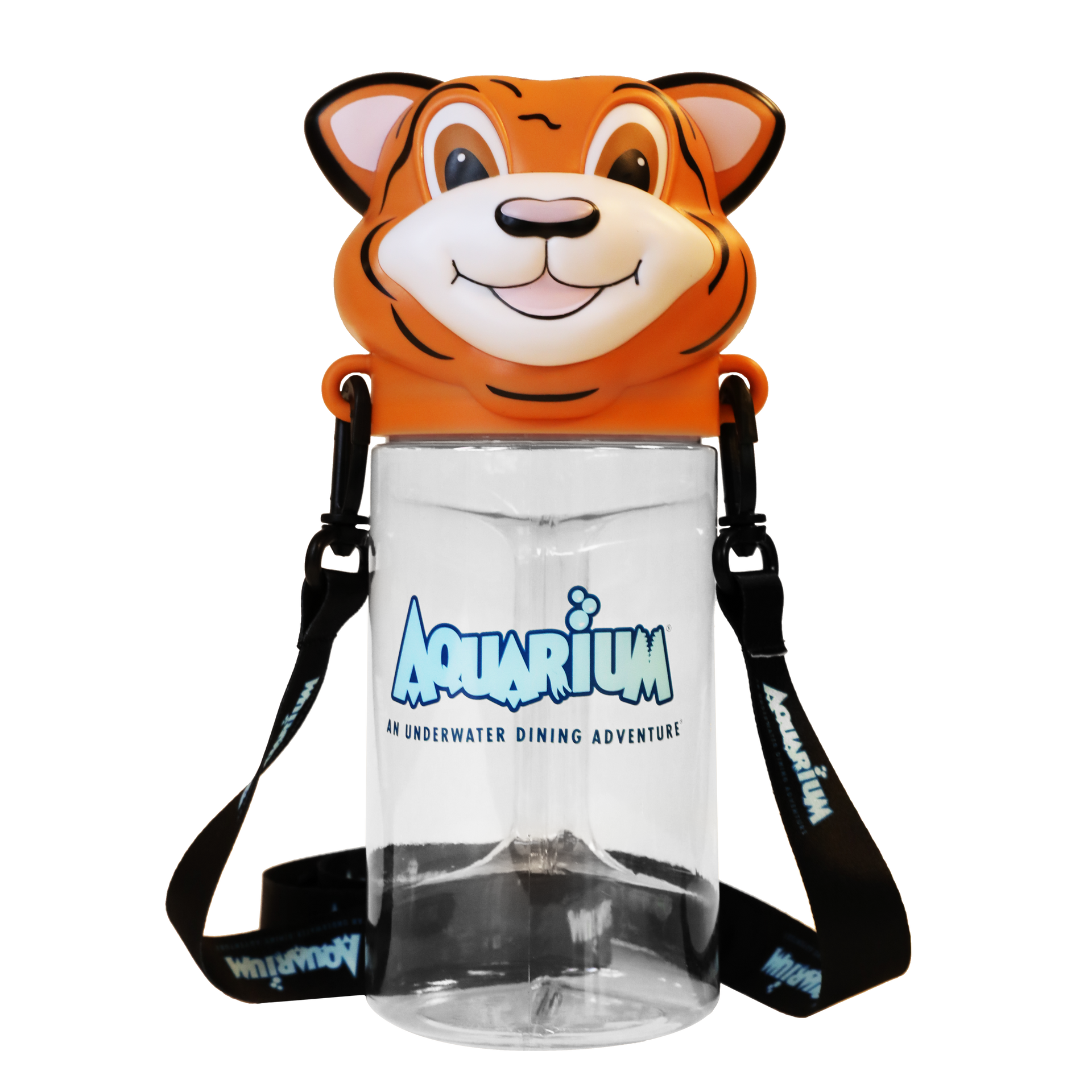 A tiger shaped water bottle with the word aquarium on it