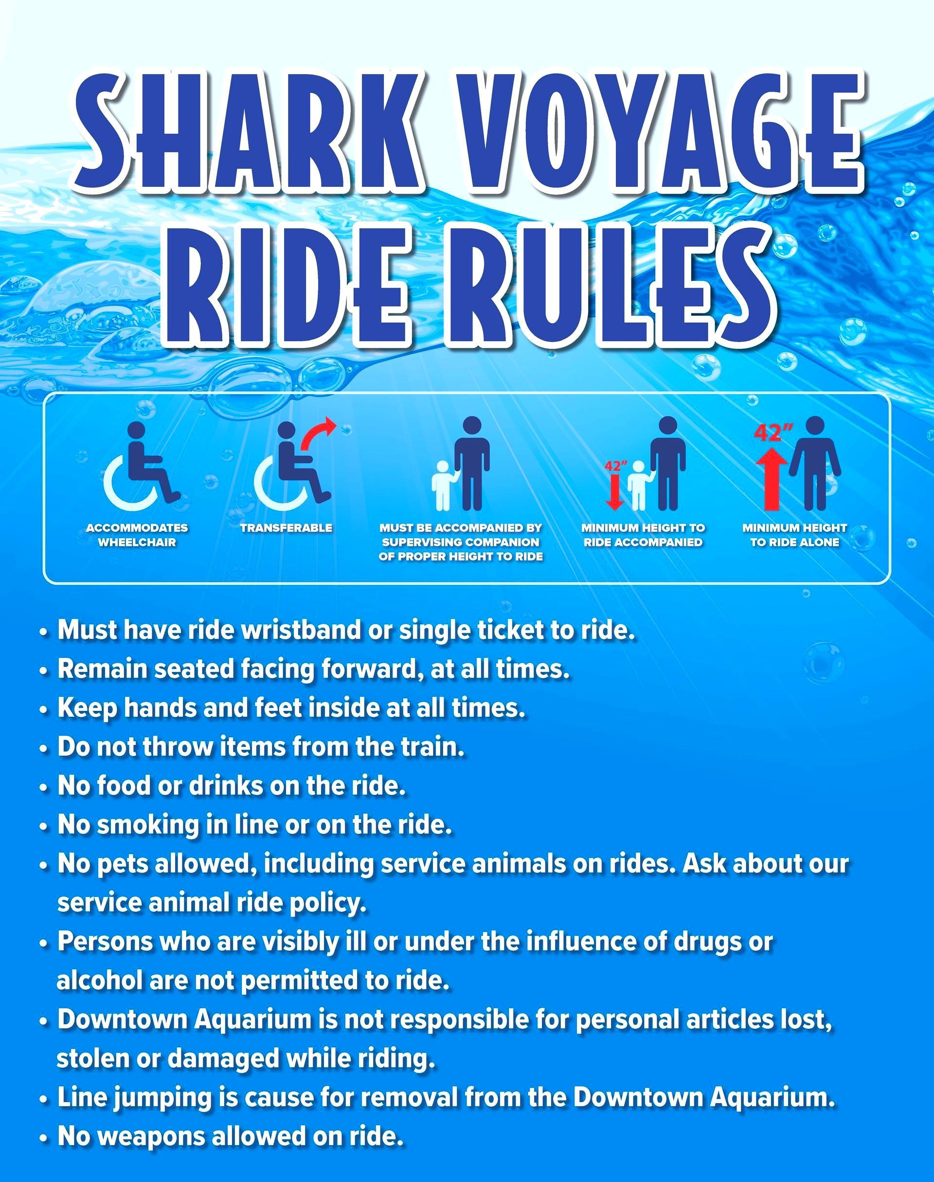 A poster with shark voyage ride rules on it