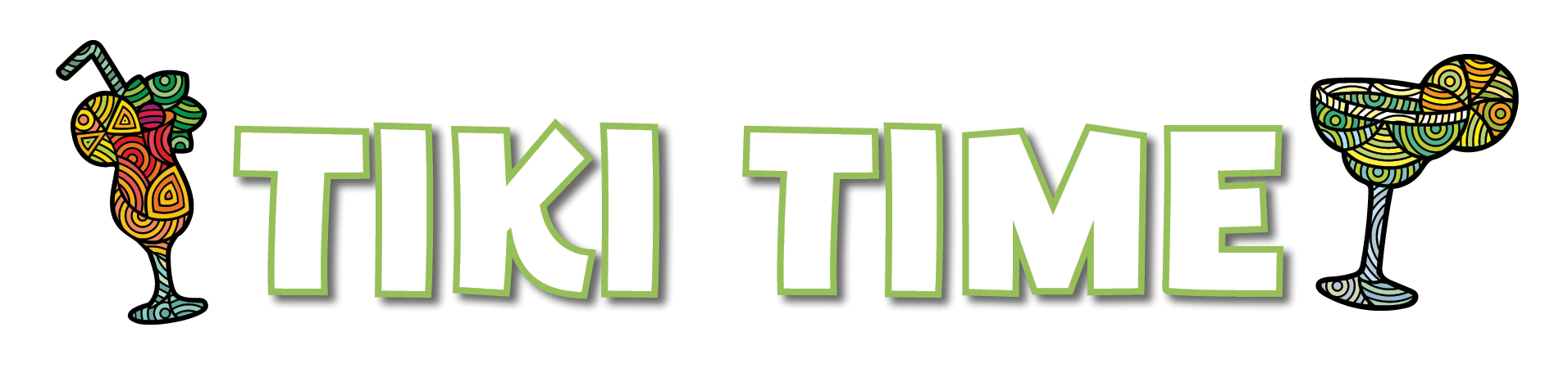 A sign that says tiki time with two drinks on it