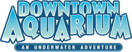 A logo for downtown aquarium an underwater adventure