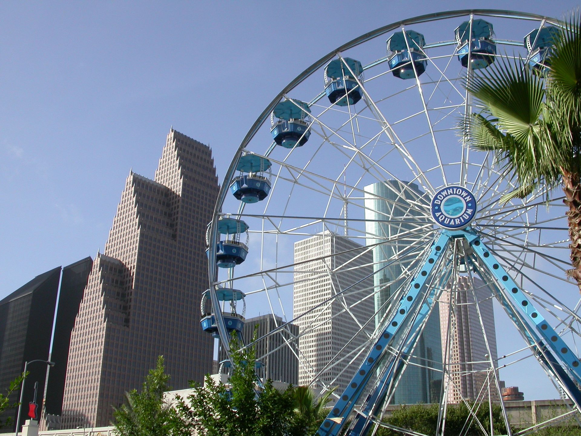 A ferris wheel in front of a city skyline