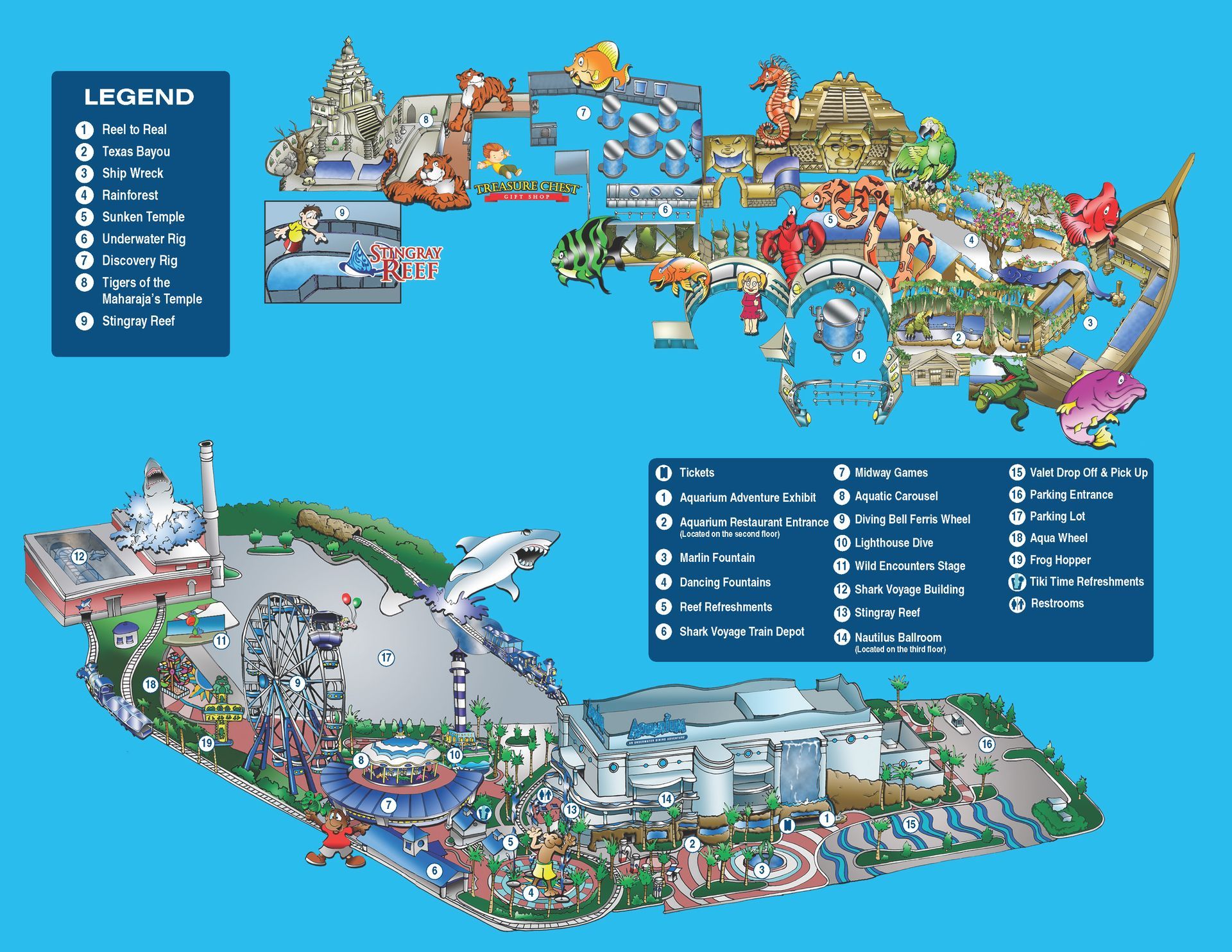A map of a theme park with a legend at the bottom