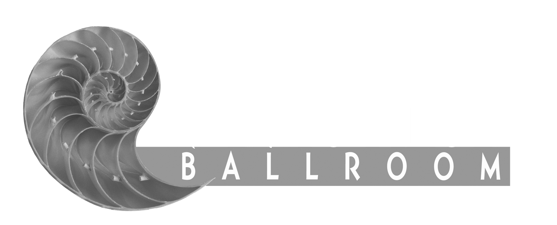 A black and white logo for a ballroom with an ammonite