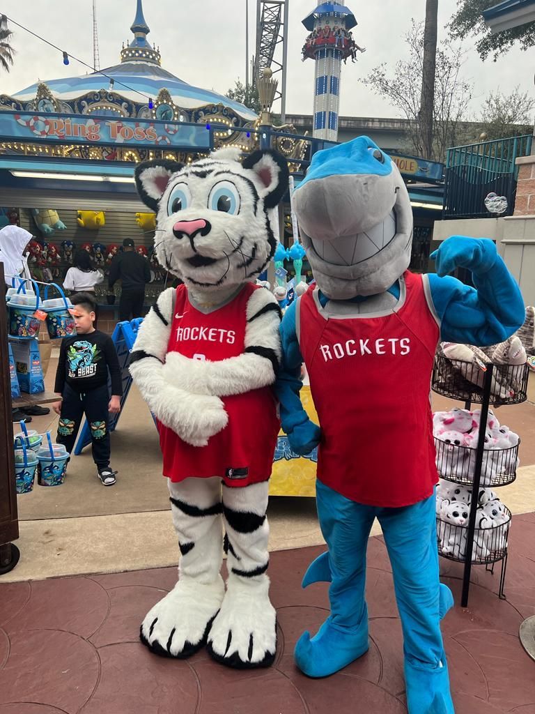 A rockets mascot and a tiger mascot stand next to each other