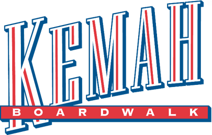 A logo for kemah boardwalk in red white and blue
