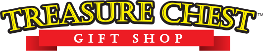 A logo for treasure chest gift shop with a red ribbon