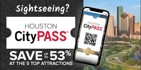 An advertisement for houston citypass that says save up to 53 % at the 5 top attractions