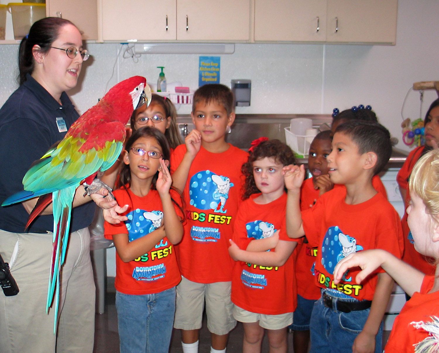 A group of children wearing red shirts looking at a parrot