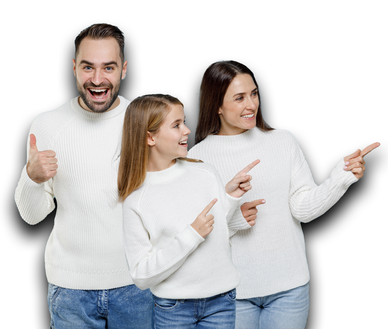 A family is pointing at something and giving a thumbs up.