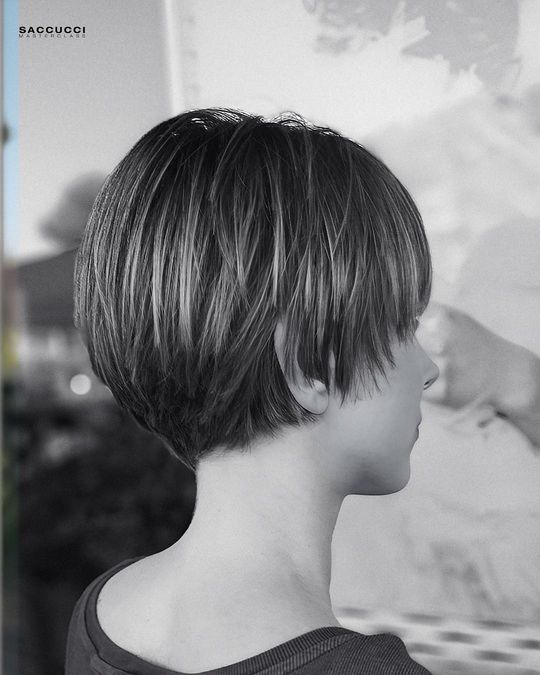 Vista di profilo di una persona con un taglio di capelli corto, scalato e scuro, caratterizzato da volume nella parte posteriore.