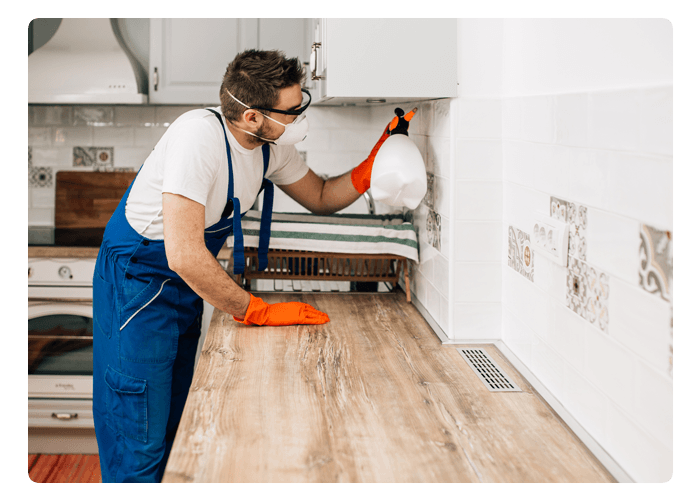 Exterminator in Protective Workwear Spraying Pesticide with Sprayer in Home Kitchen — Northern Brisbane, QLD — JHS