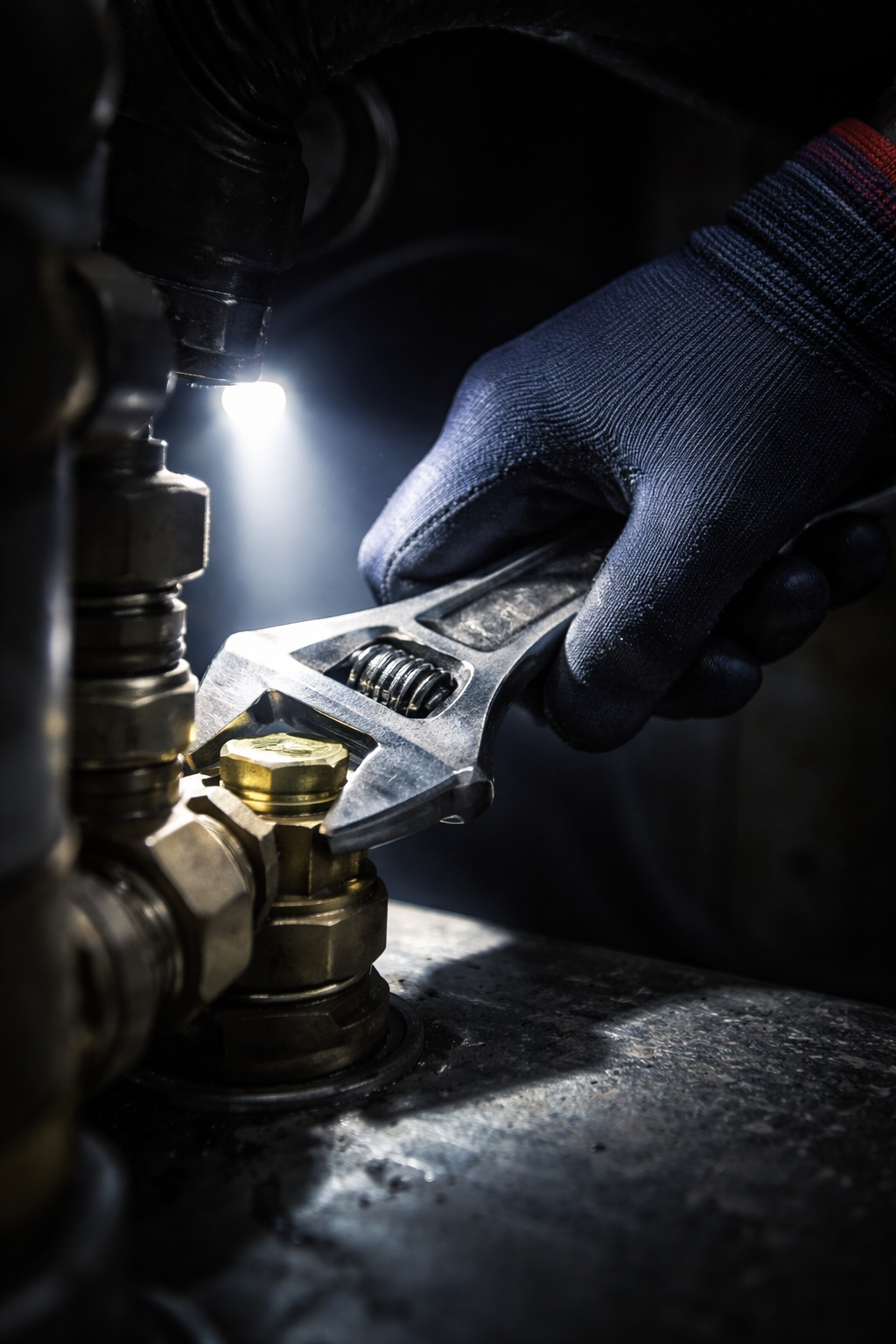 A person in dark gloves uses an adjustable wrench to tighten a brass fitting on a pipe illuminated by a small work light.