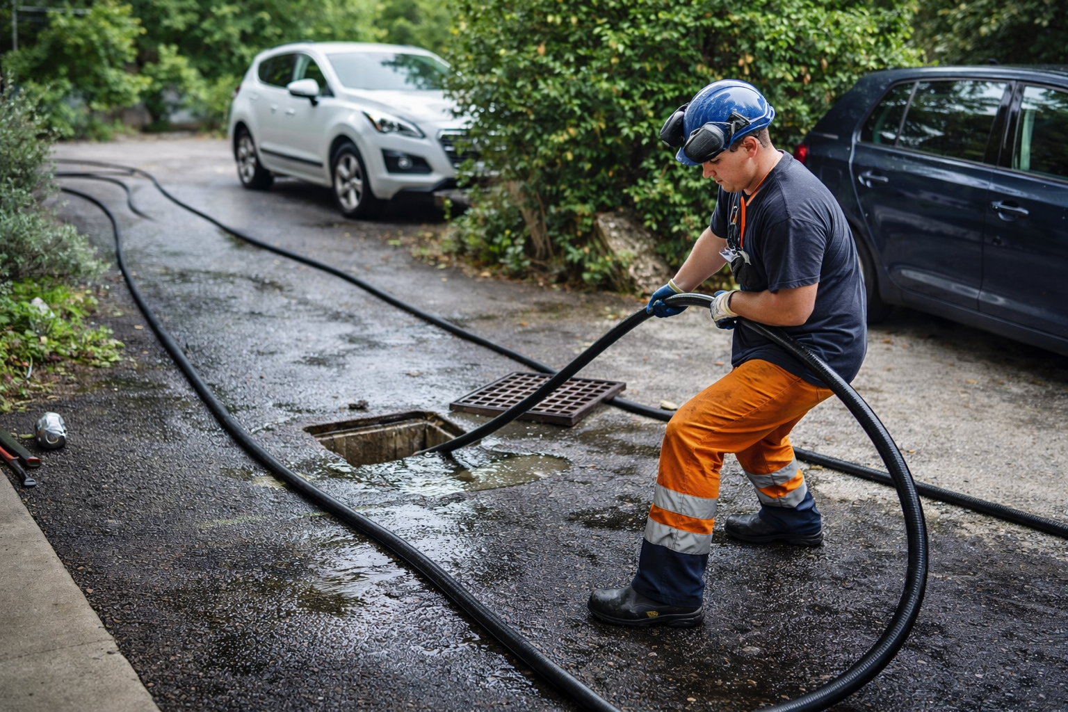 A worker in high-visibility orange pants and a blue helmet feeds a black utility hose into an open drainage grate outdoors.
