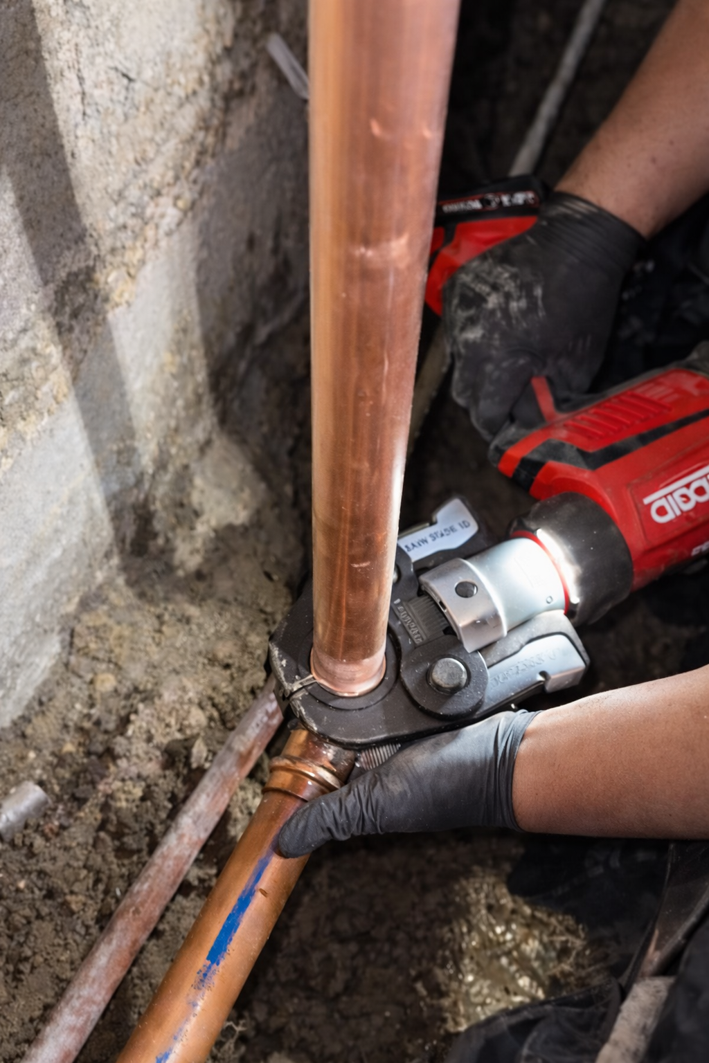 A worker using a red power press tool to connect a copper pipe fitting in a dirt-filled, unfinished basement.