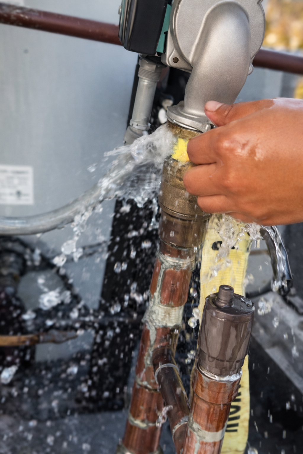 A hand holds a brass pipe connection while water sprays forcefully from a leak at the joint.