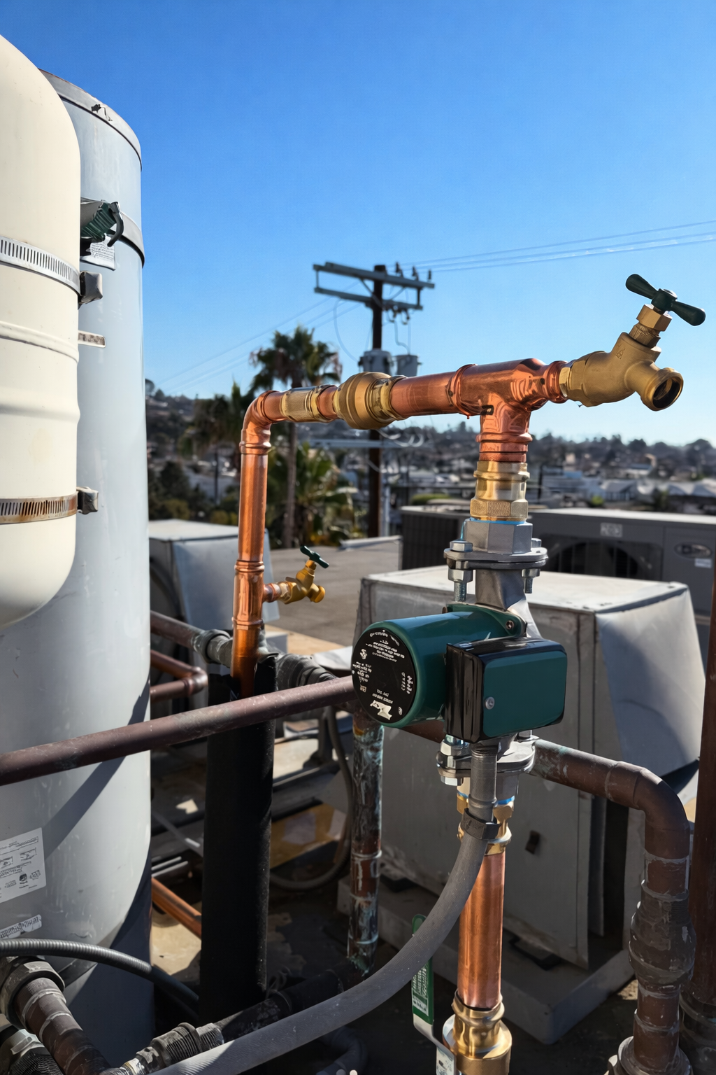 Copper plumbing pipes, a green circulation pump, and outdoor faucets on a rooftop against a clear blue sky.