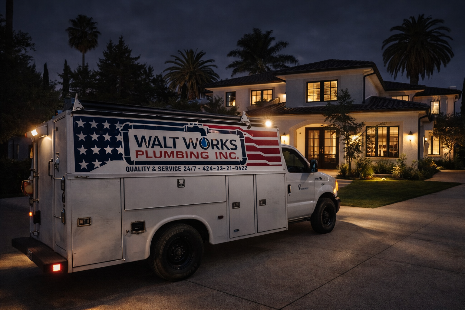 A Walt Works Plumbing utility truck parked in front of a large illuminated house at night.